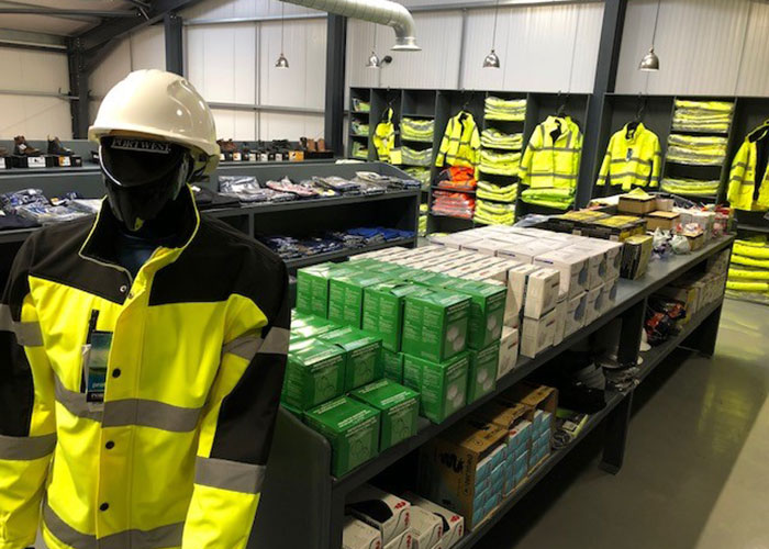 PPE supplies displayed in the Trent Fastners trade counter showroom in Shropshire